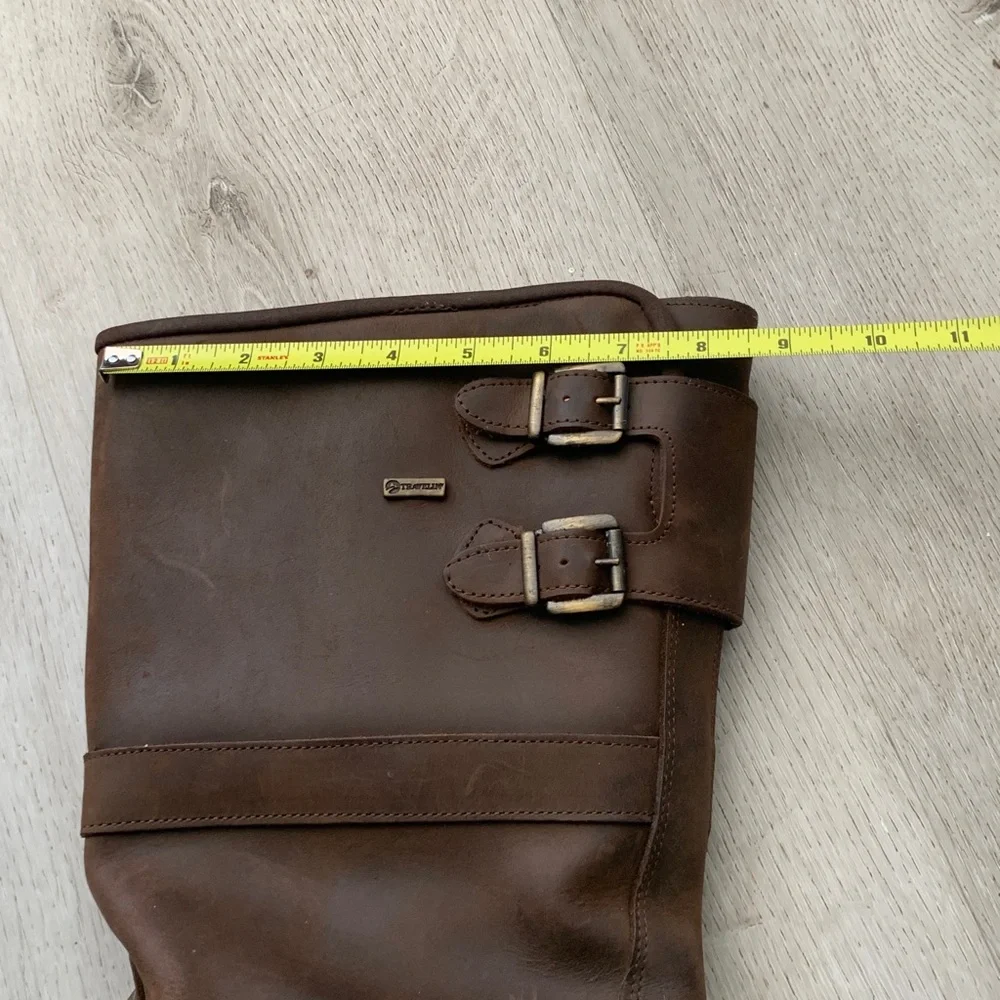 Traveling brown leather boots size 46 moto distressed‎ zipper buckle work farm